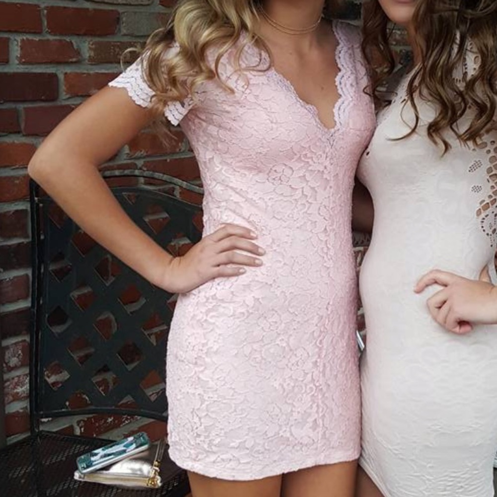 Light pink lace v neck dress